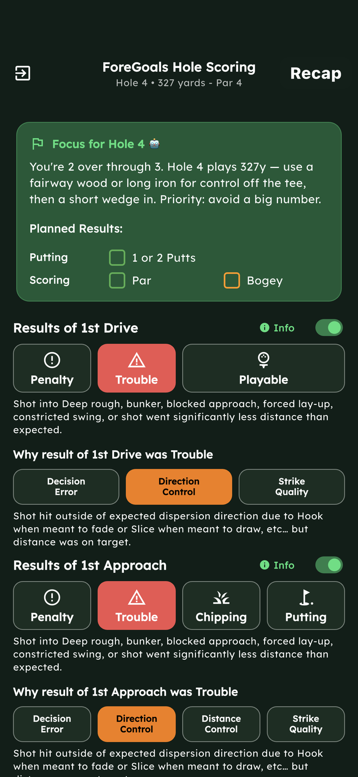 ForeGoals hole scoring screen